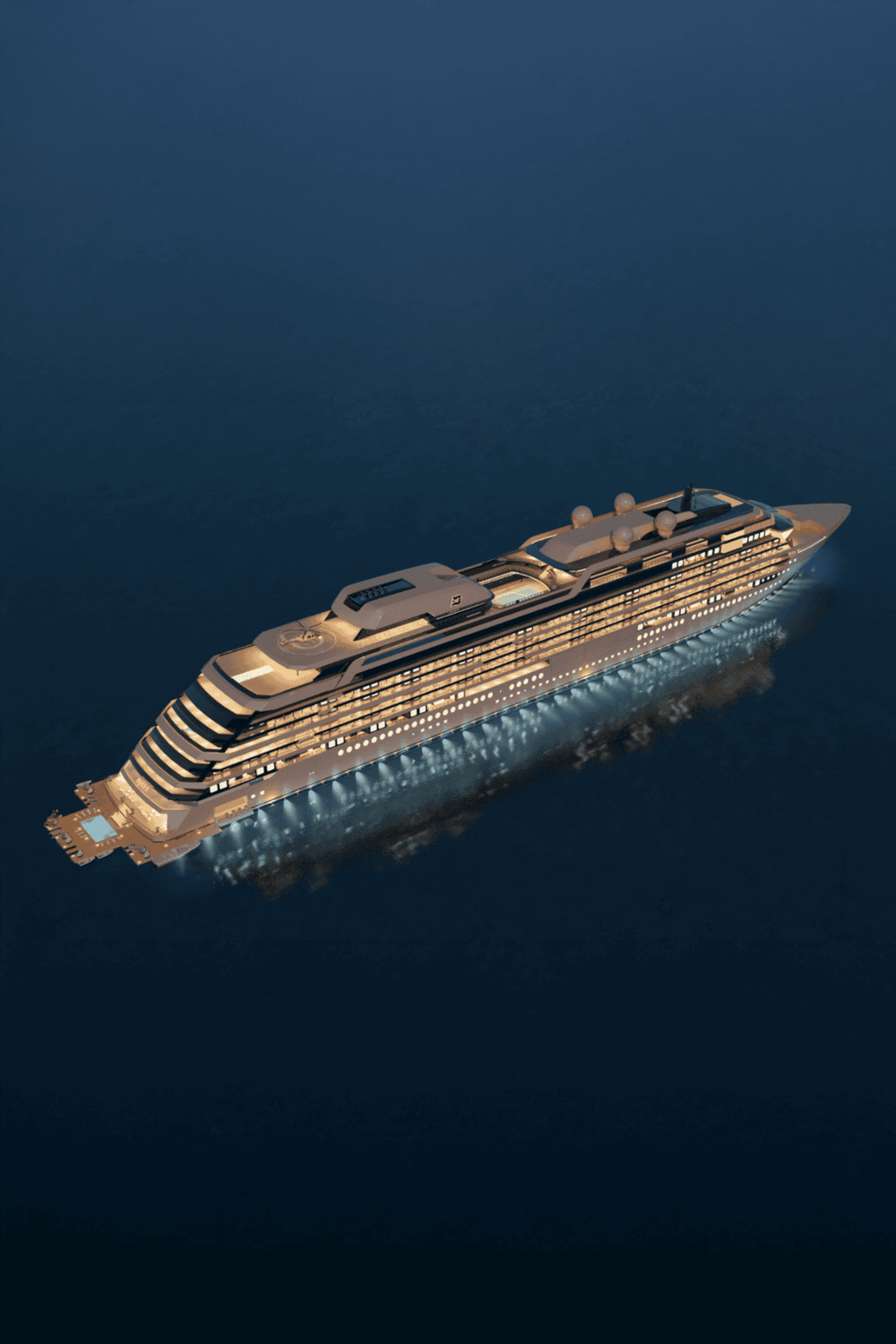 Luxurious modern cruise ship at night, illuminated vessel on calm ocean waters, fancy floating resort, travel, adventure, ocean cruise.