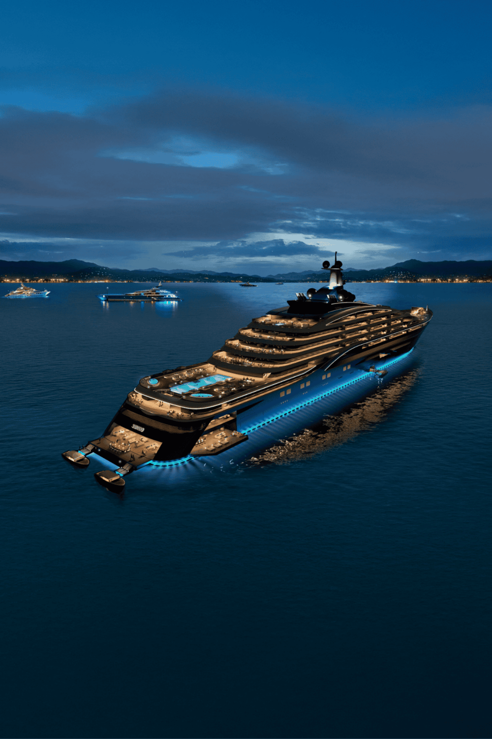 Luxury yacht at night with city lights and mountains in the background, showcasing premium private boat charters and yacht rental services.