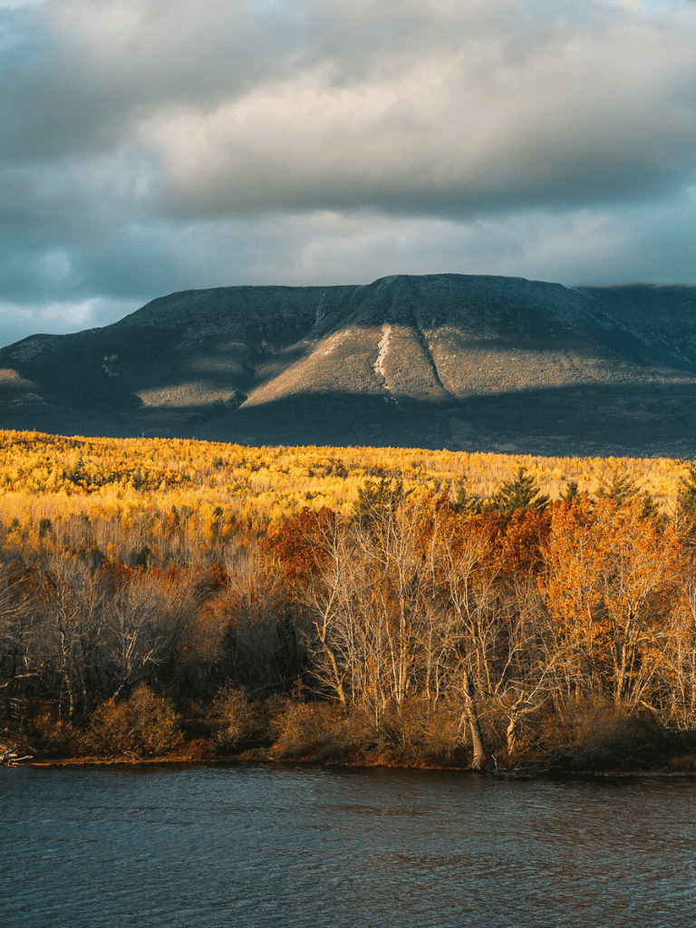 Vast mountain landscape with autumn trees and river in foreground, cloudy sky, and scenic wilderness.