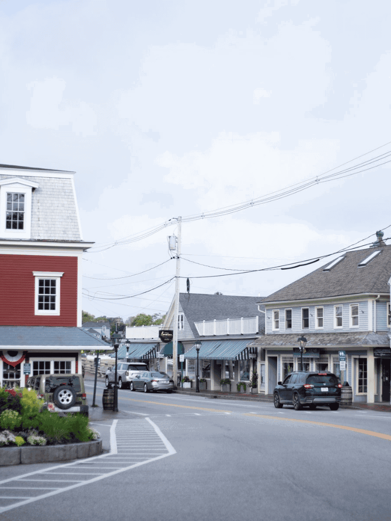 Charming small-town main street with shops, parking, and vintage-style street lamps.