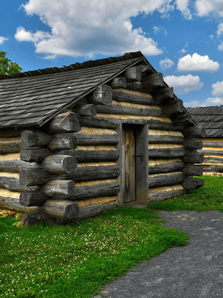 Rustic log cabin with wooden door under cloudy sky, nature scenery.