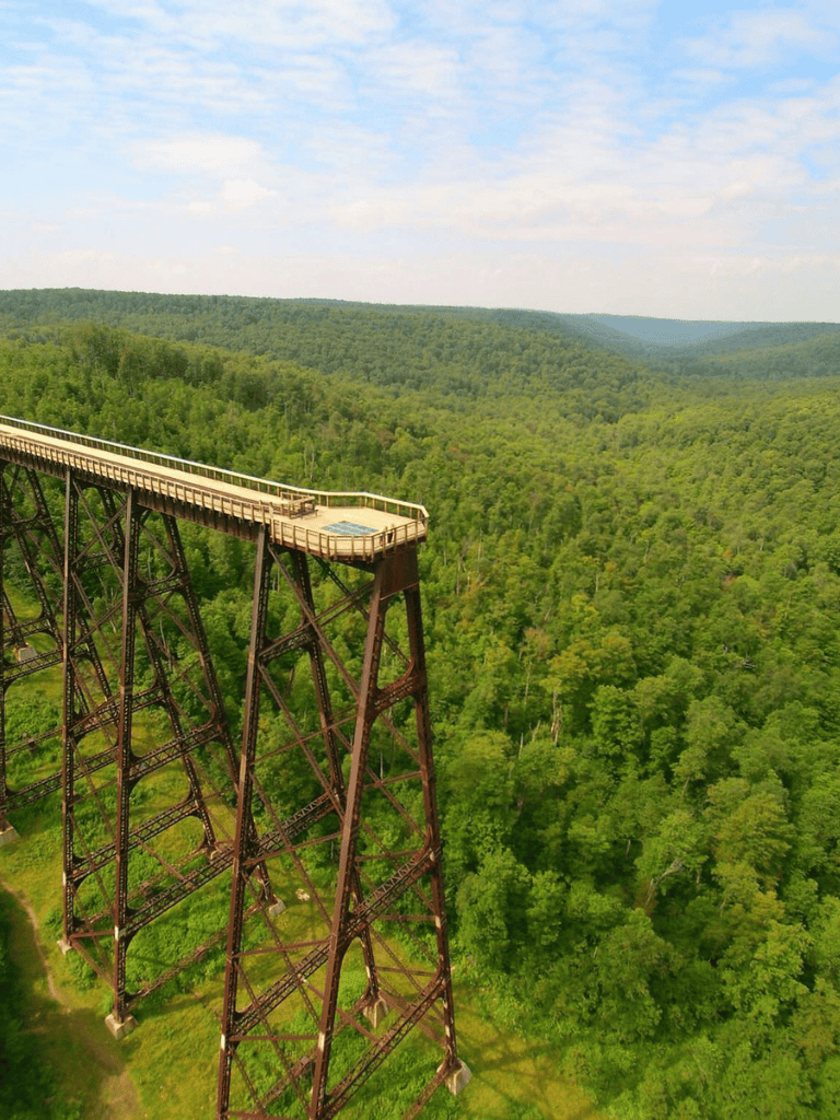 Spectacular view of a historic steel bridge spanning lush green forested valley, scenic outdoor adventure destination.