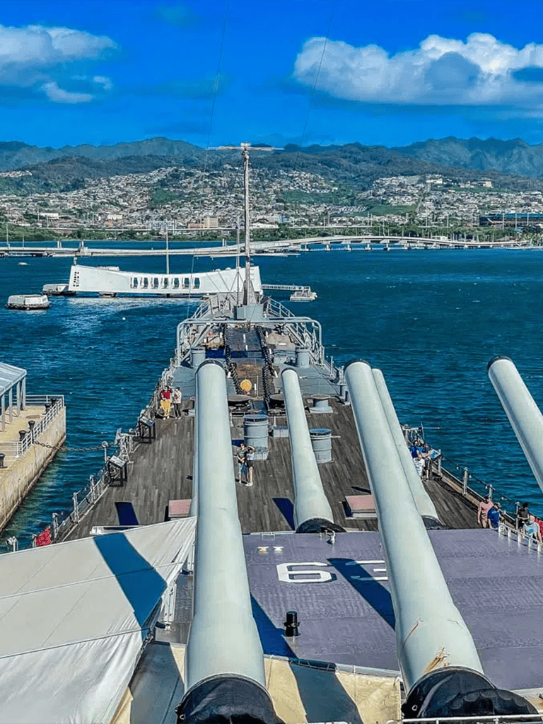 Enjoying a scenic view from the USS Missouri battleship docking at Pearl Harbor, Hawaii. Perfect for historical and travel enthusiast SEO.