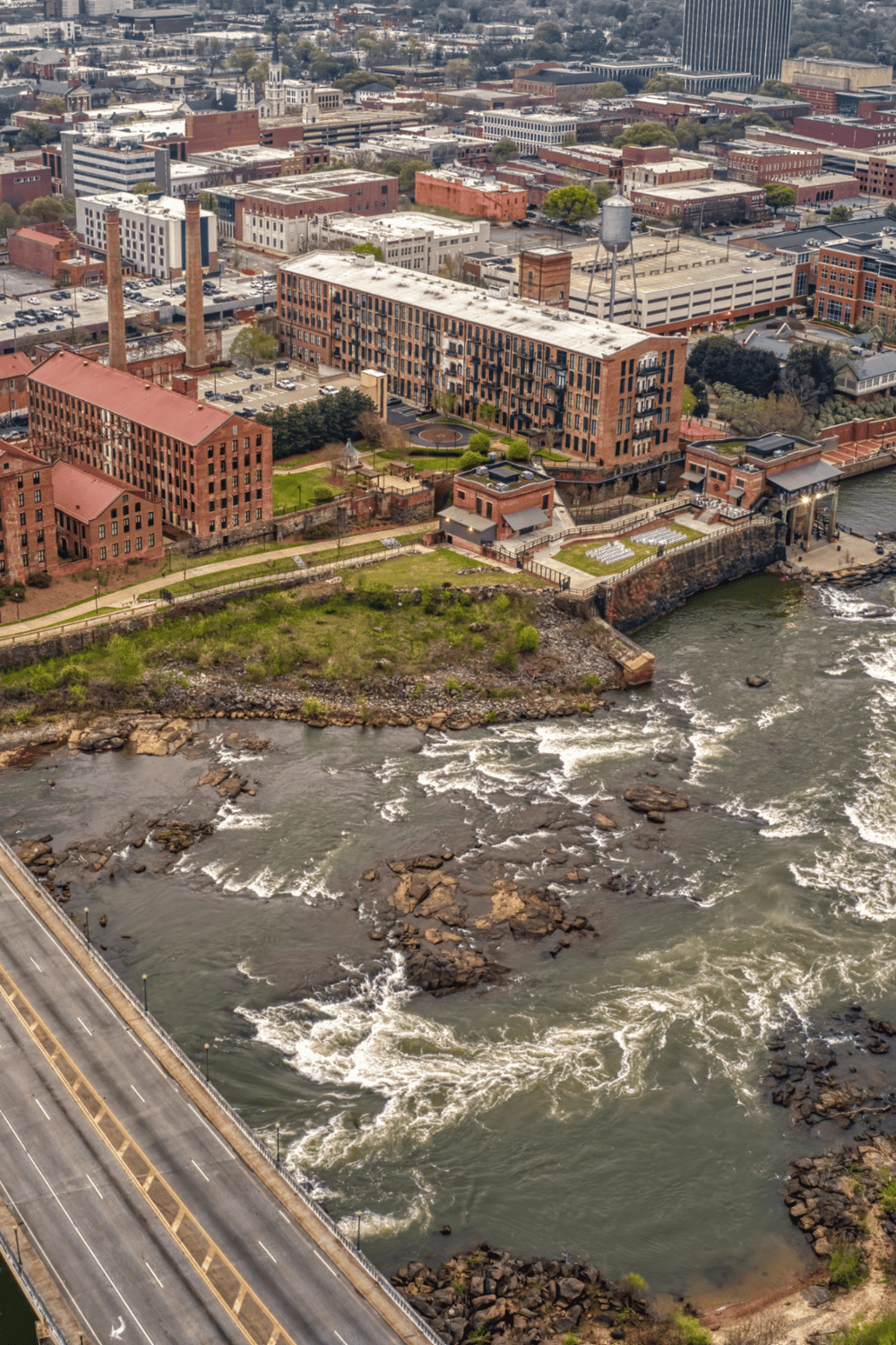 Aerial view of Chattanooga Riverfront with historic buildings and downtown skyline.