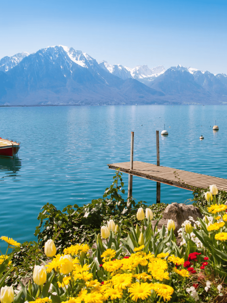 Tranquil lake with snow-capped mountains and vibrant spring flowers, perfect for travel and outdoor adventure inspiration.