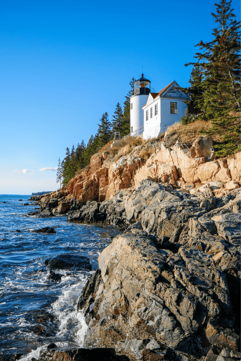 Lighthouse on rocky coastline with trees under a clear blue sky, scenic Pacific Northwest ocean view.