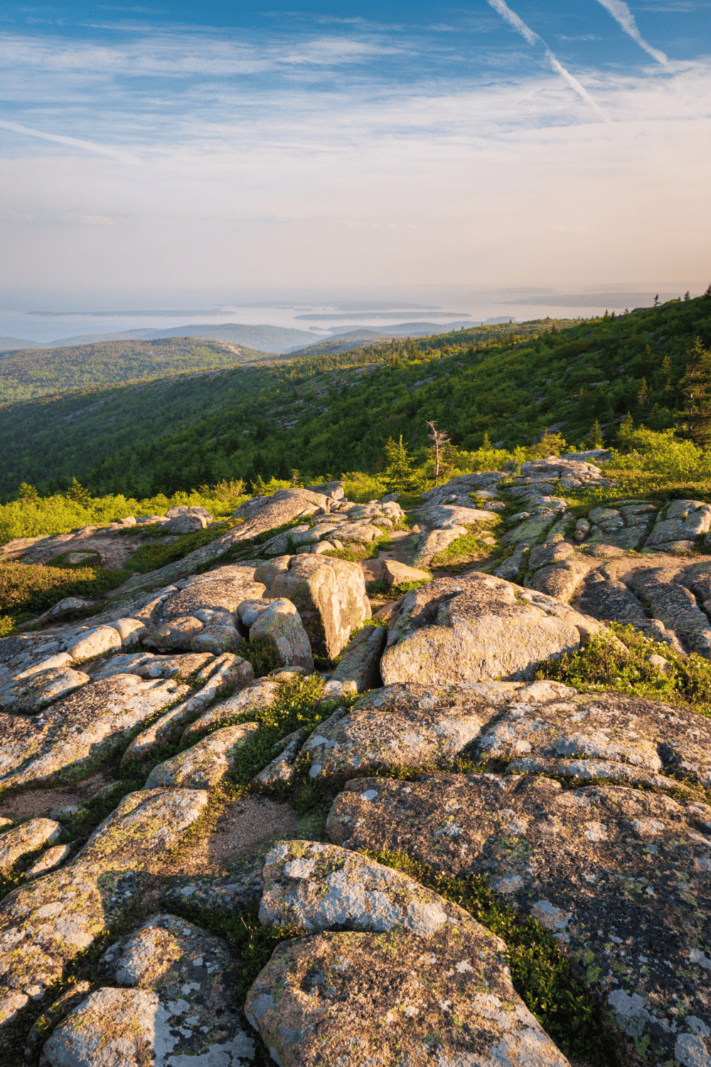 Scenic mountain landscape with rocky foreground, lush green forests, and distant rolling hills at sunrise.