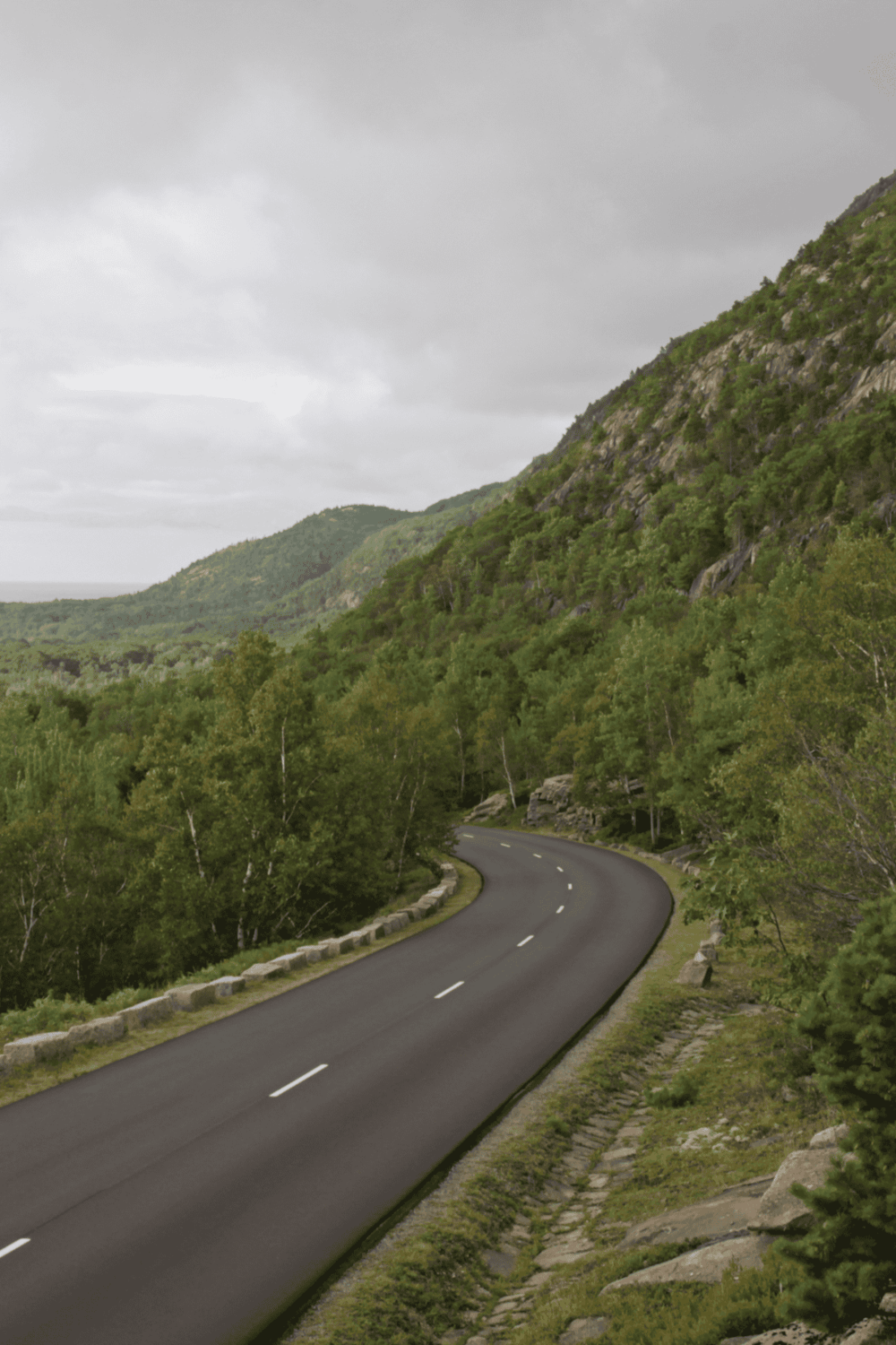 Serene mountain road surrounded by lush greenery and scenic landscapes, ideal for navigation and travel planning.