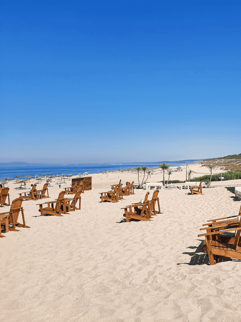 Empty beach with wooden lounge chairs and clear blue sky, perfect for relaxing by the ocean.