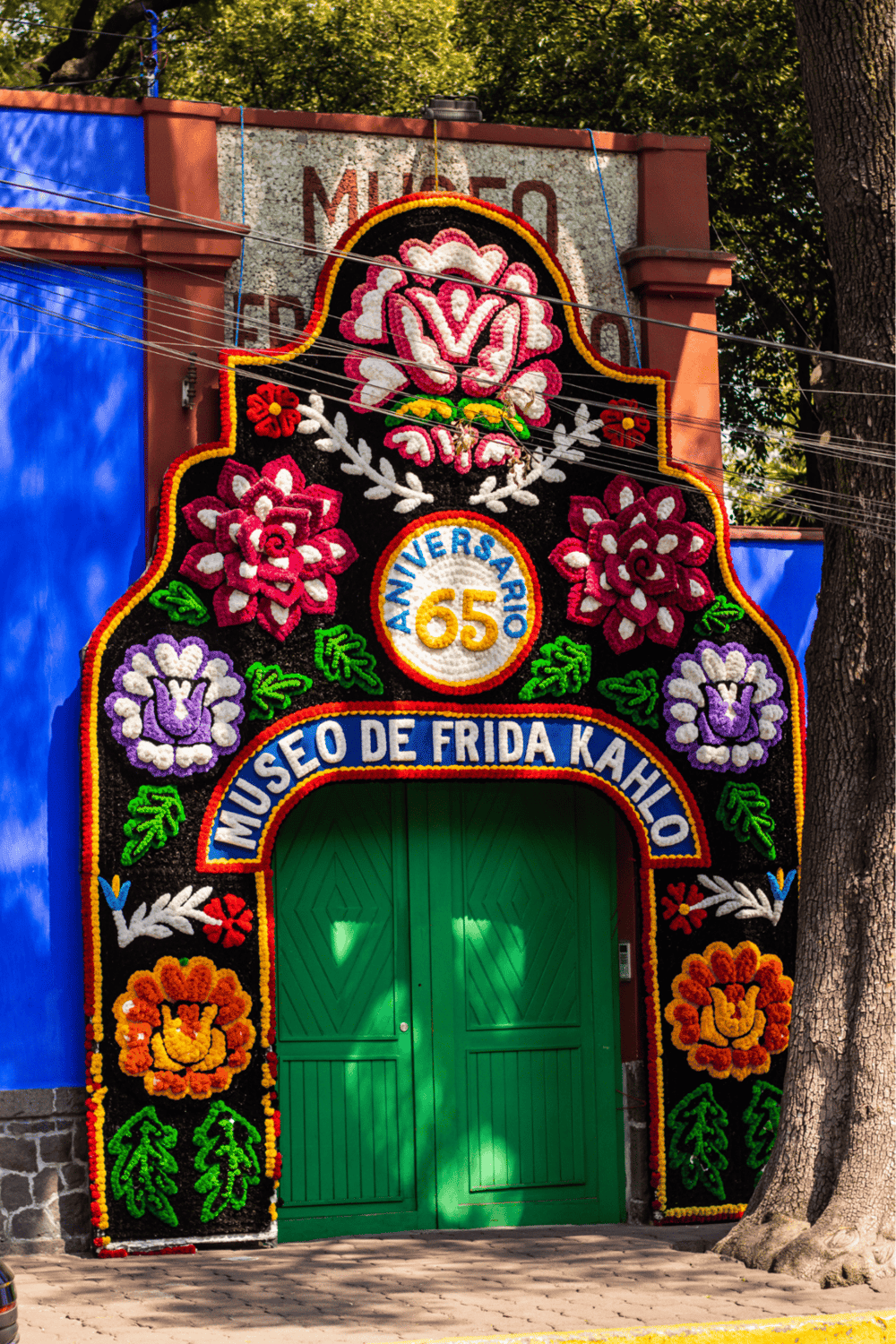 Colorful floral decoration celebrating 65th anniversary at Museo de Frida Kahlo in Mexico City.