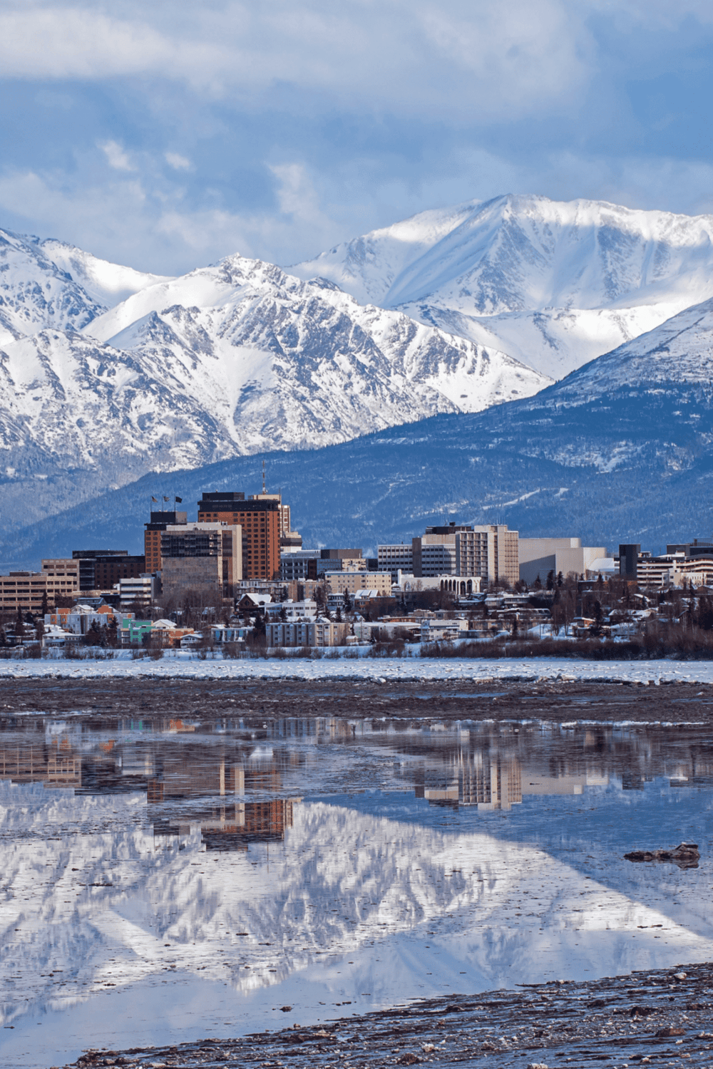 Snow-capped mountain cityscape with reflection, QuestForDirections travel guide, travel planning, mountain views.