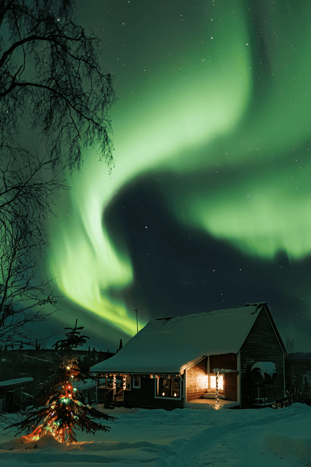 Aurora Borealis over snowy cabin in winter landscape, Northern Lights, night sky with stars, scenic nature view.