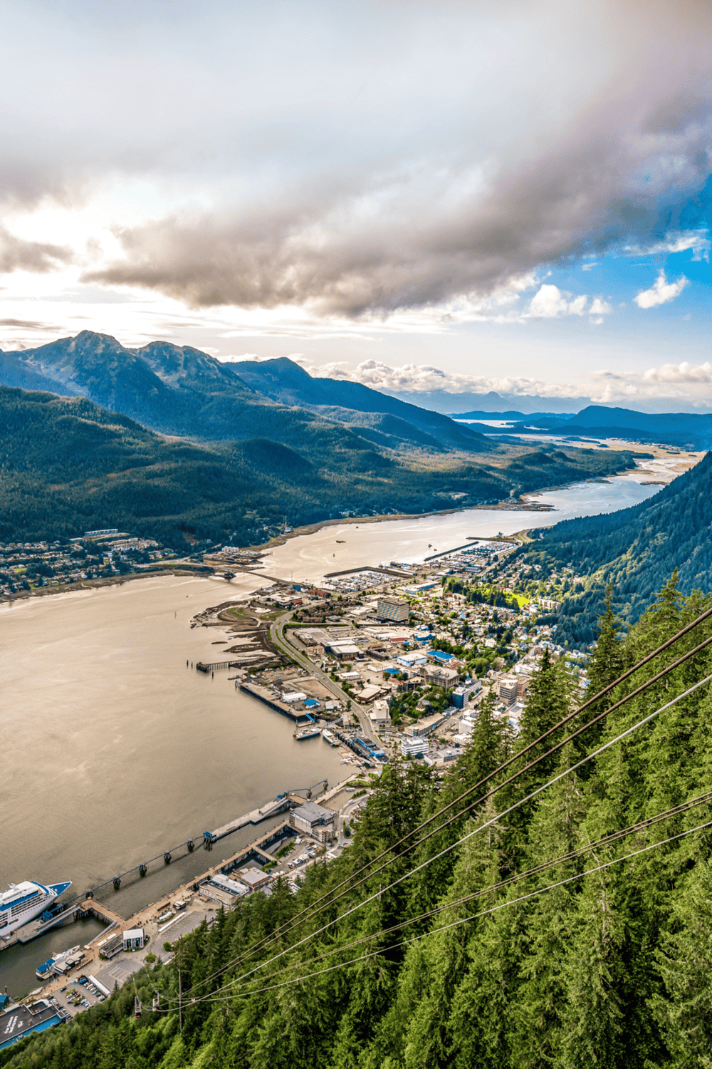 Breathtaking aerial view of Juneau, Alaska, showcasing mountains, water, and cityscape from a scenic mountain viewpoint.