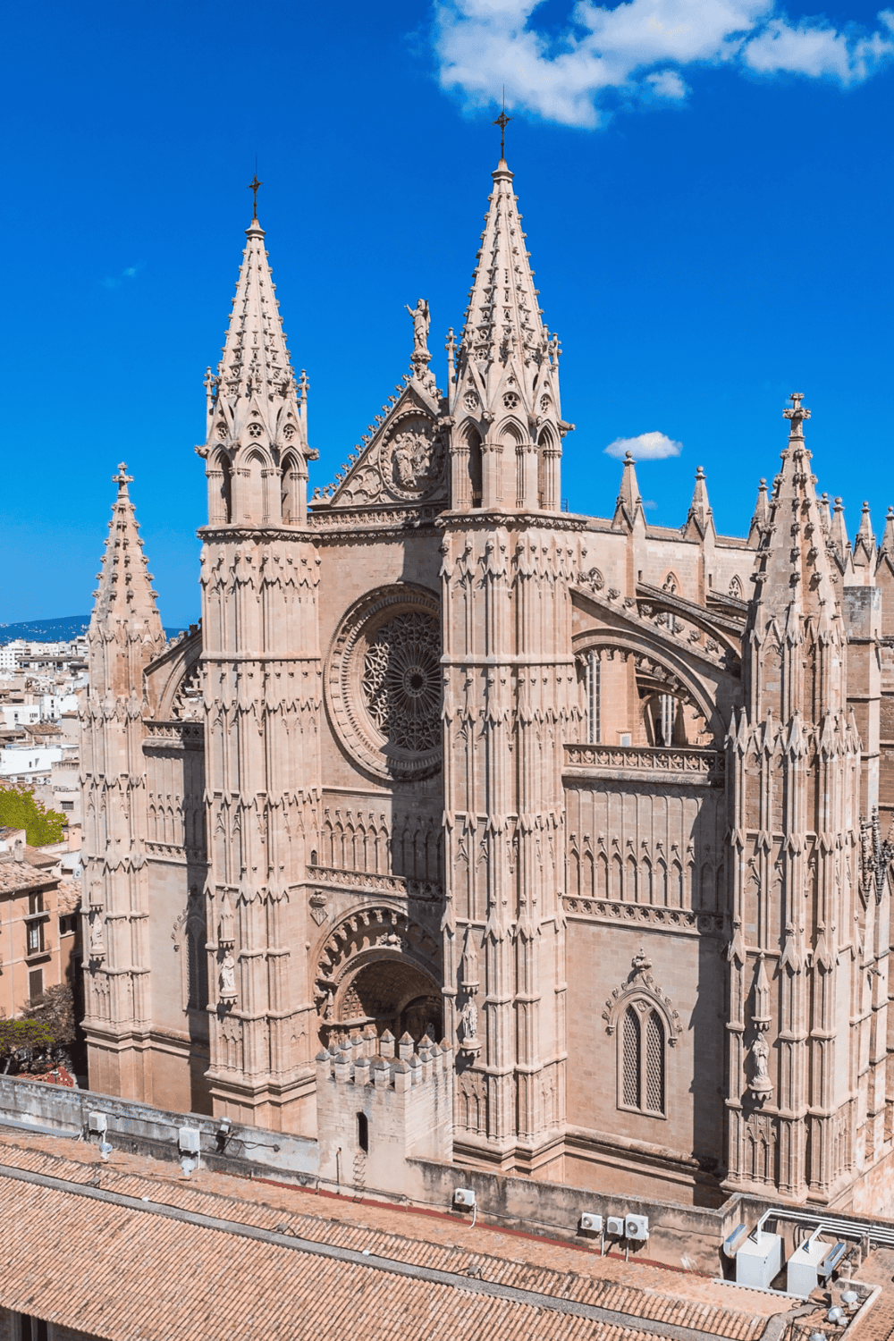 St. Mary's Cathedral in Palma de Mallorca with Gothic architecture and intricate details.