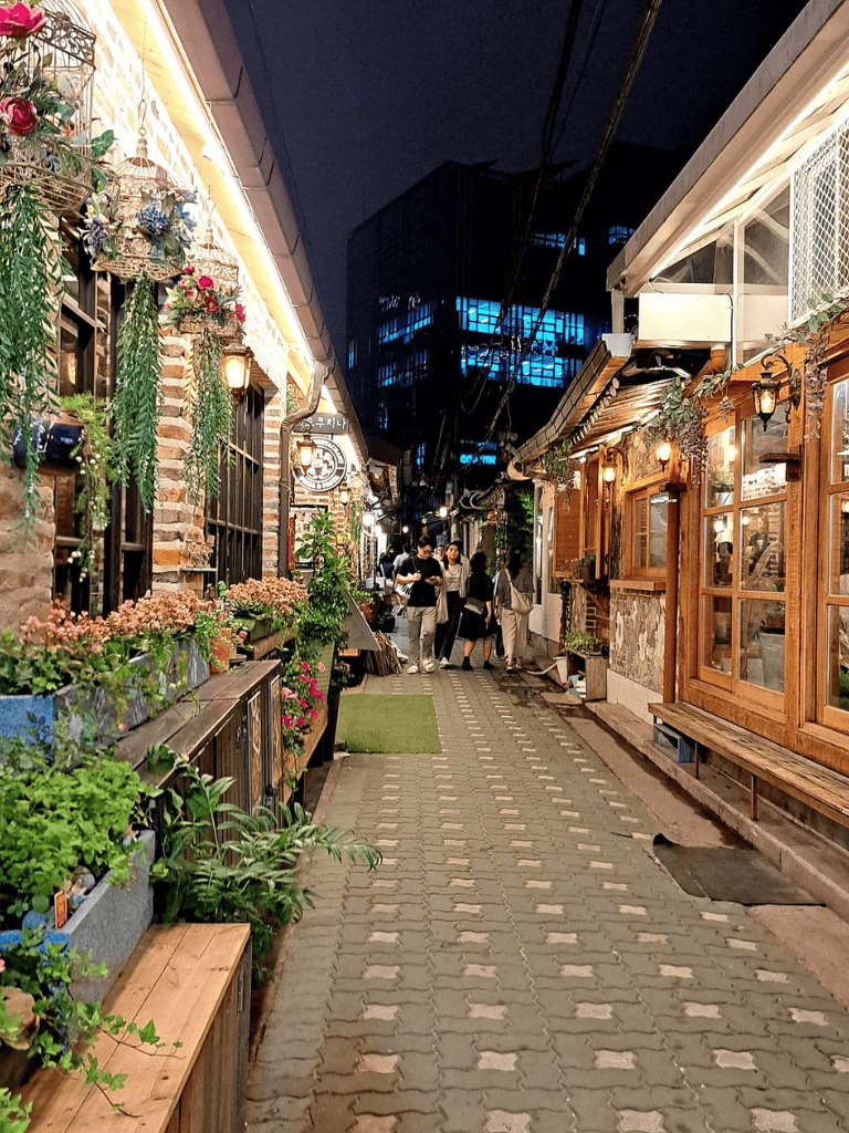 Charming night street scene at QuestForDirections with cozy cafes, vibrant plants, and app-style ambiance.