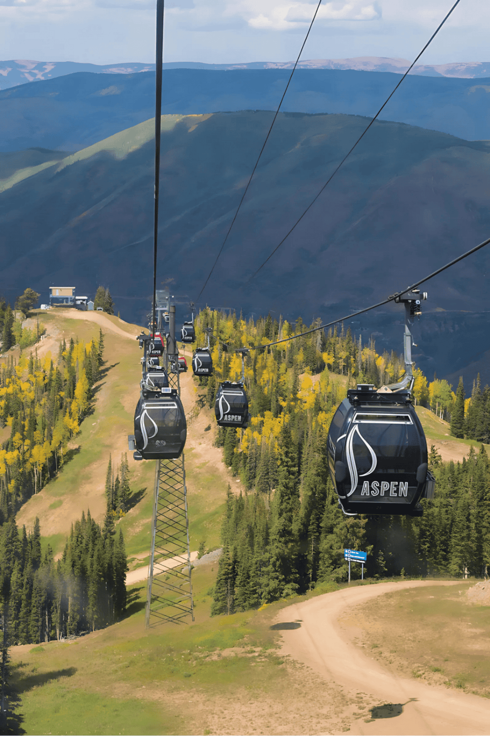 Cable car ride over scenic mountain landscape with lush greenery and distant peaks.