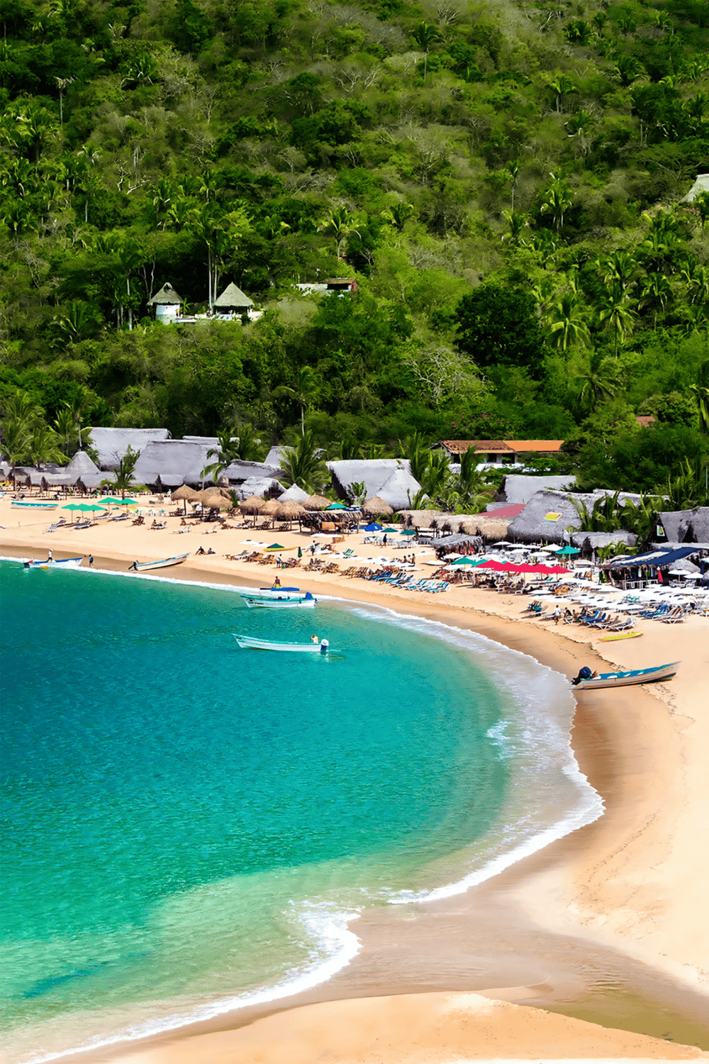 1. Beautiful tropical beach with turquoise waters, palm trees, and thatched roof huts.