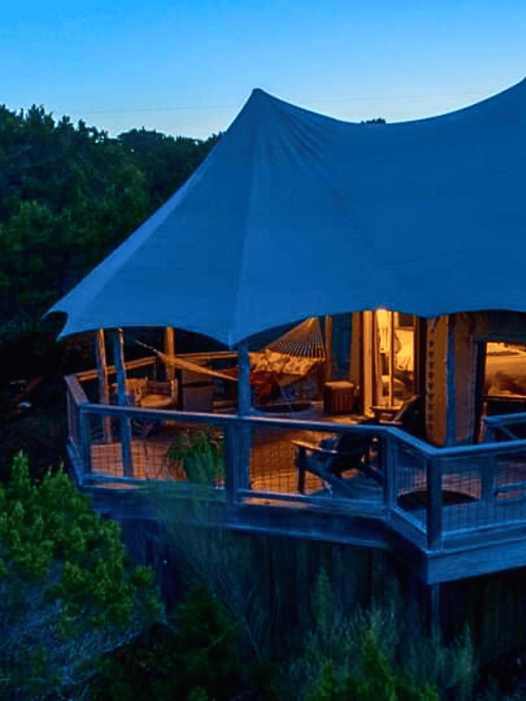 Secluded treehouse with large canopy in a lush green forest, illuminated at dusk.