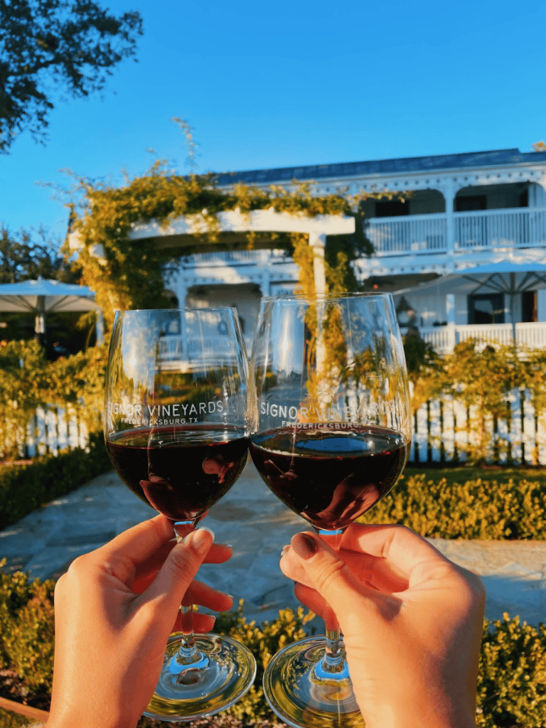 Elegant wine tasting at Signor Vineyards in Fredericksburg TX by sunset.