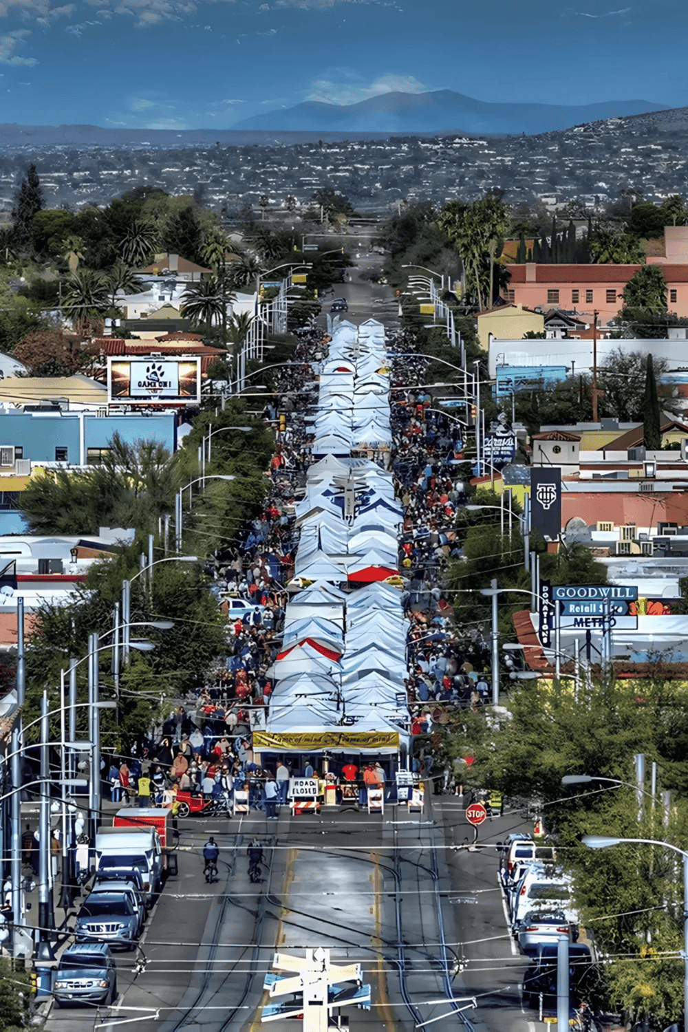 Crowd at a street fair or parade in a lively city neighborhood, with colorful tents and booths.