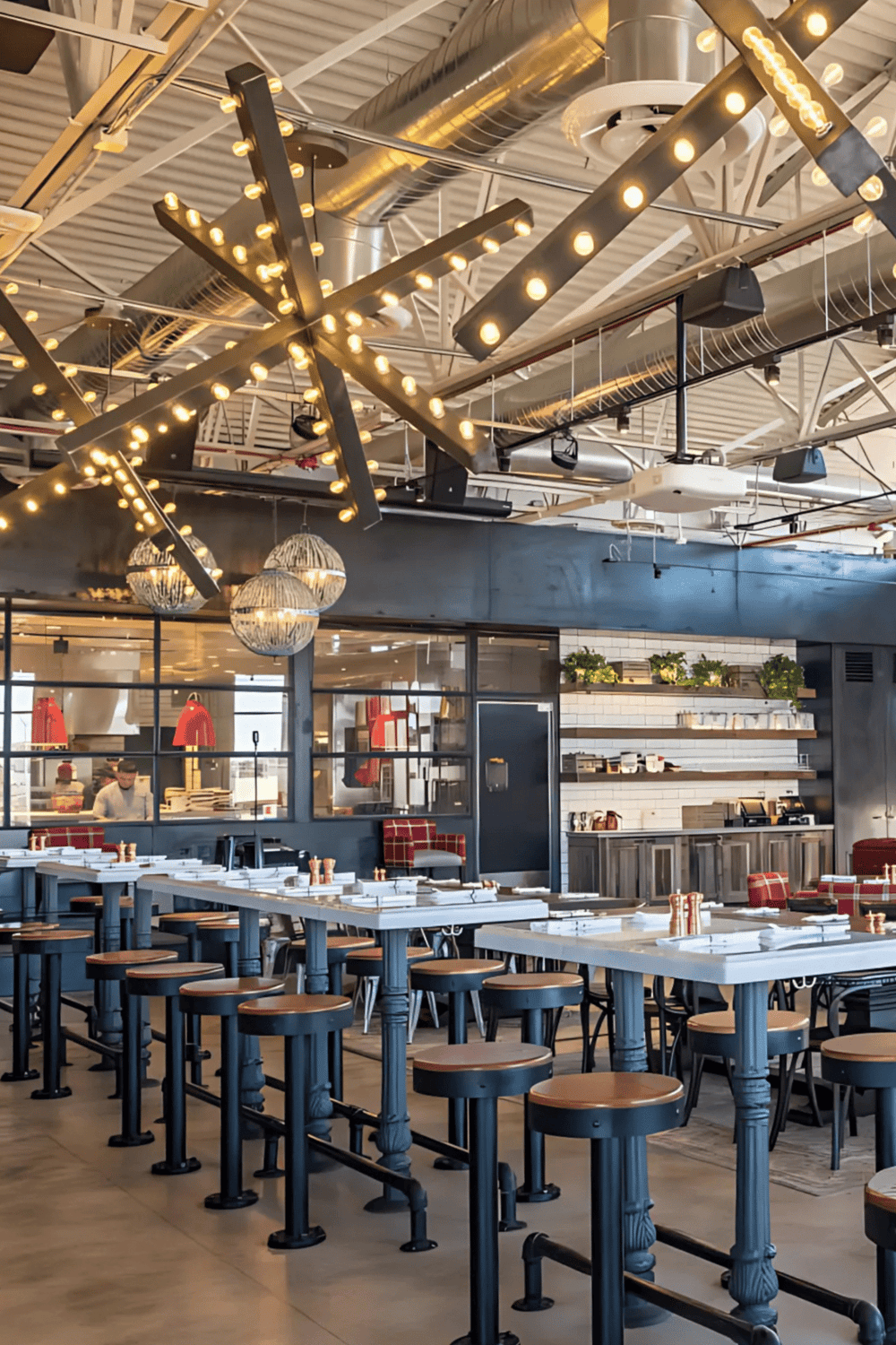Bright industrial-style restaurant interior with modern lighting and stylish decor.