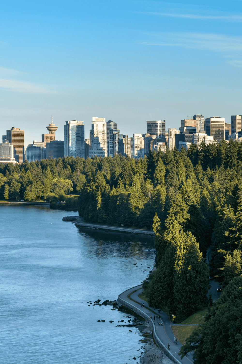 Scenic view of Vancouver skyline with lush parks and waterfront in a vibrant cityscape.