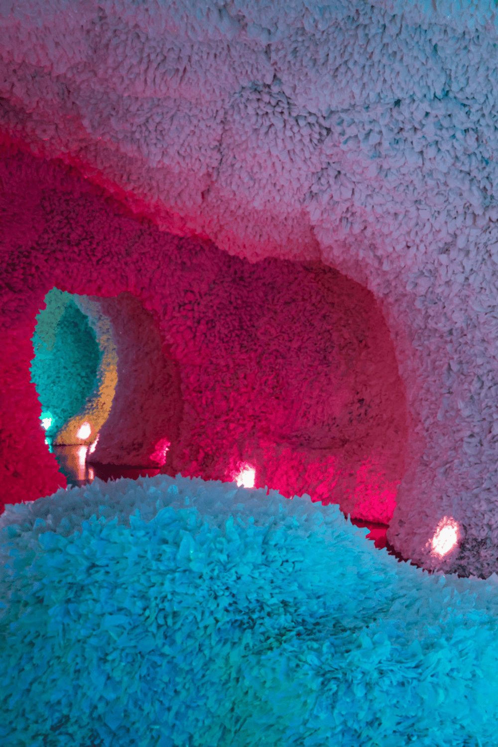 Colorful floral installation with pink, white, and blue flowers, illuminated by ambient lighting.