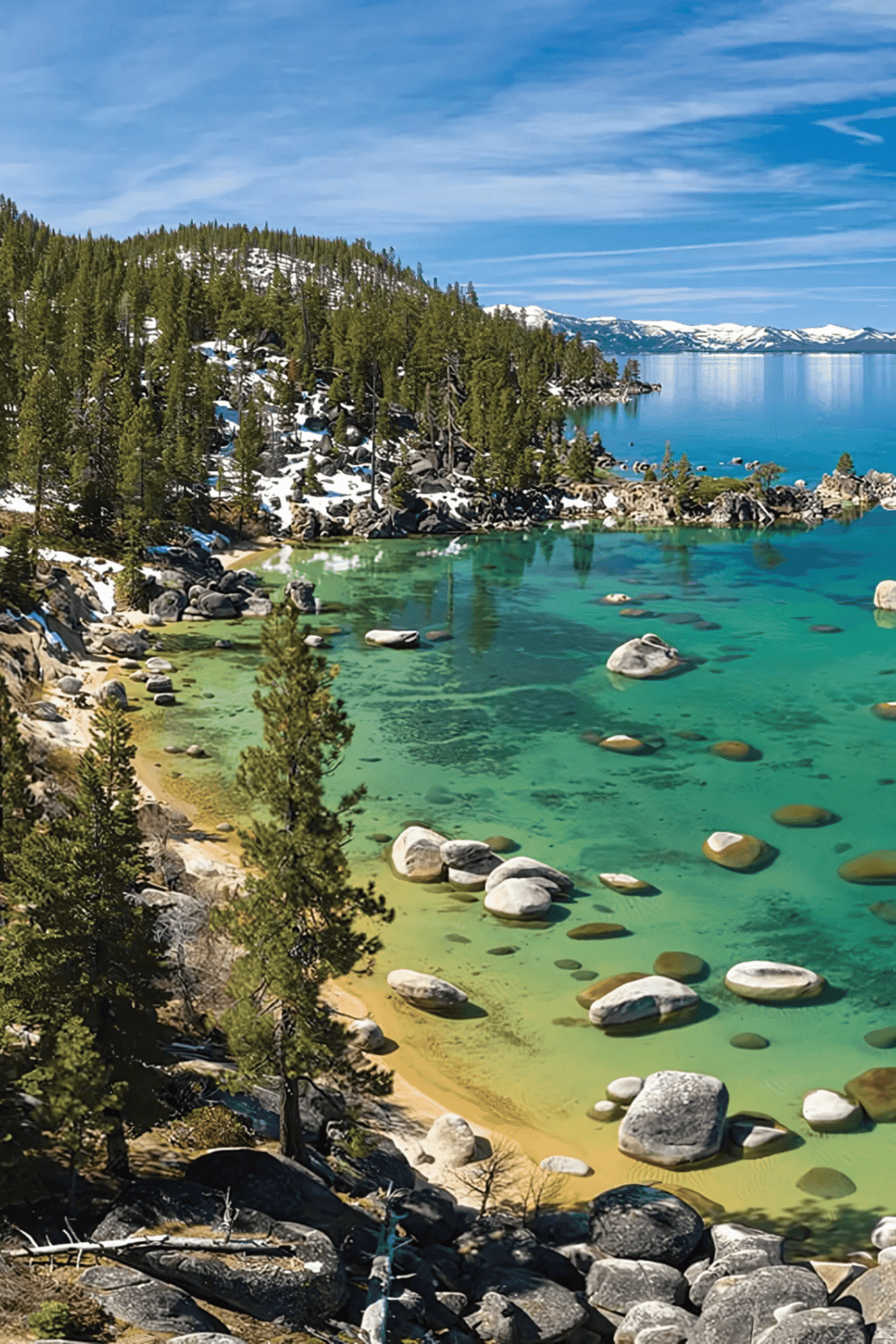 Mountains and lake scenery with snow-capped peaks, pine trees, and clear turquoise waters in a serene natural setting.