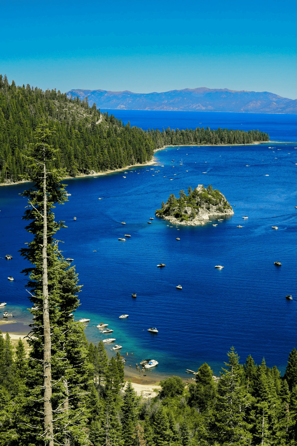 Serene lake view with boats, surrounded by lush green pine forests and distant mountains, perfect for outdoor adventure and nature exploration.