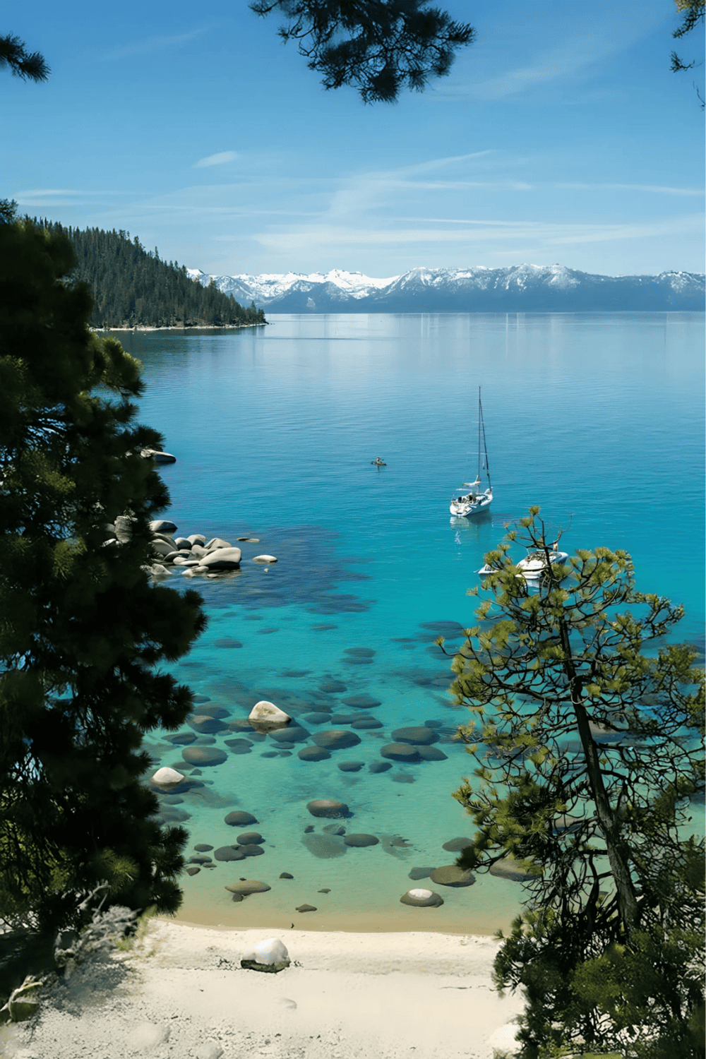 Serene lakeside scene with snow-capped mountains, sailboats, and lush greenery, perfect for outdoor adventure and nature exploration.