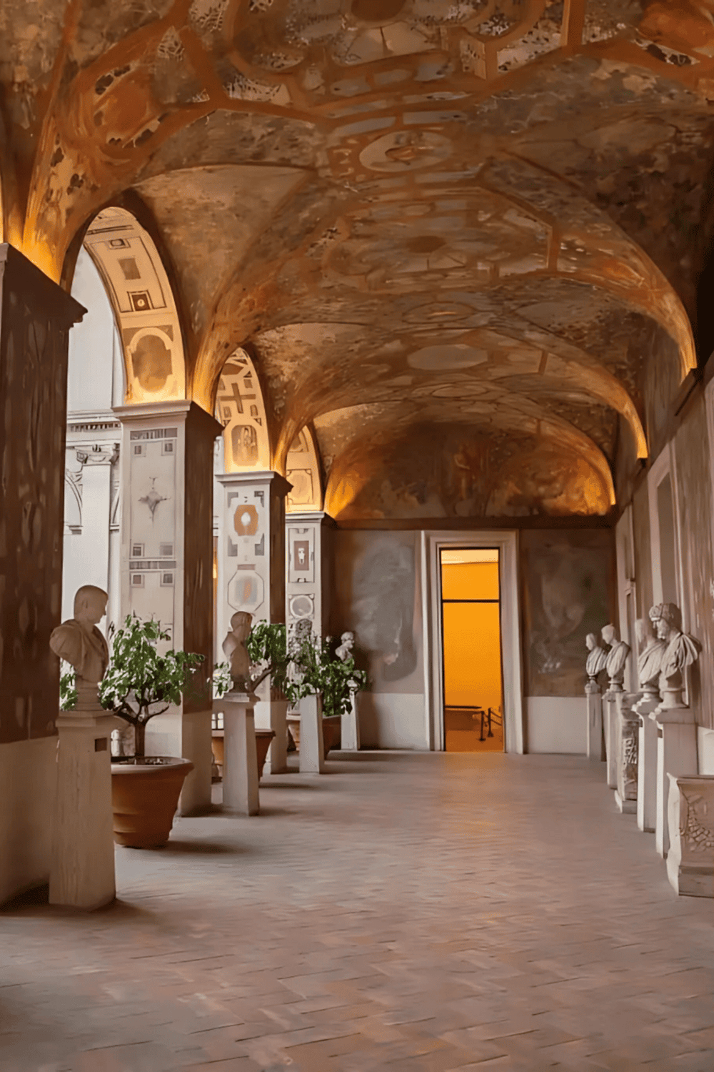 Intricate vaulted ceiling gallery at QuestForDirections, showcasing classic sculptures and artwork in a historical building.