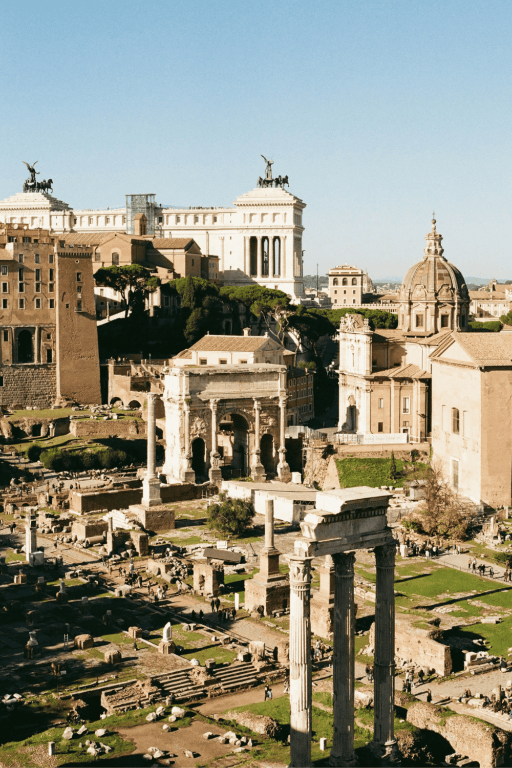 Ancient Roman ruins and historic landmarks in Rome, Italy, showcasing classical architecture and archaeological sites.