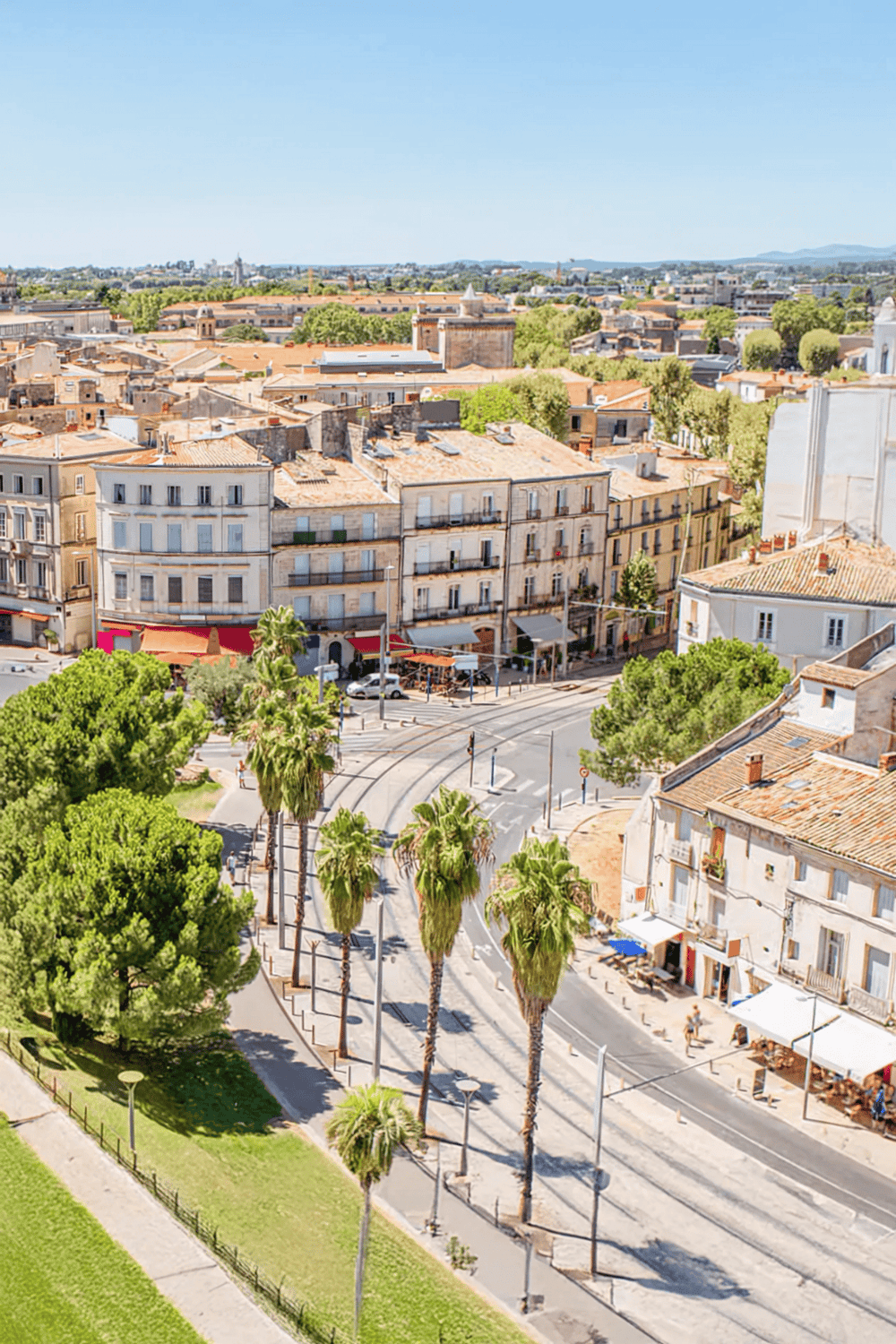 Charming European cityscape with historic buildings, palm trees, and vibrant streets, ideal for travel and navigation.