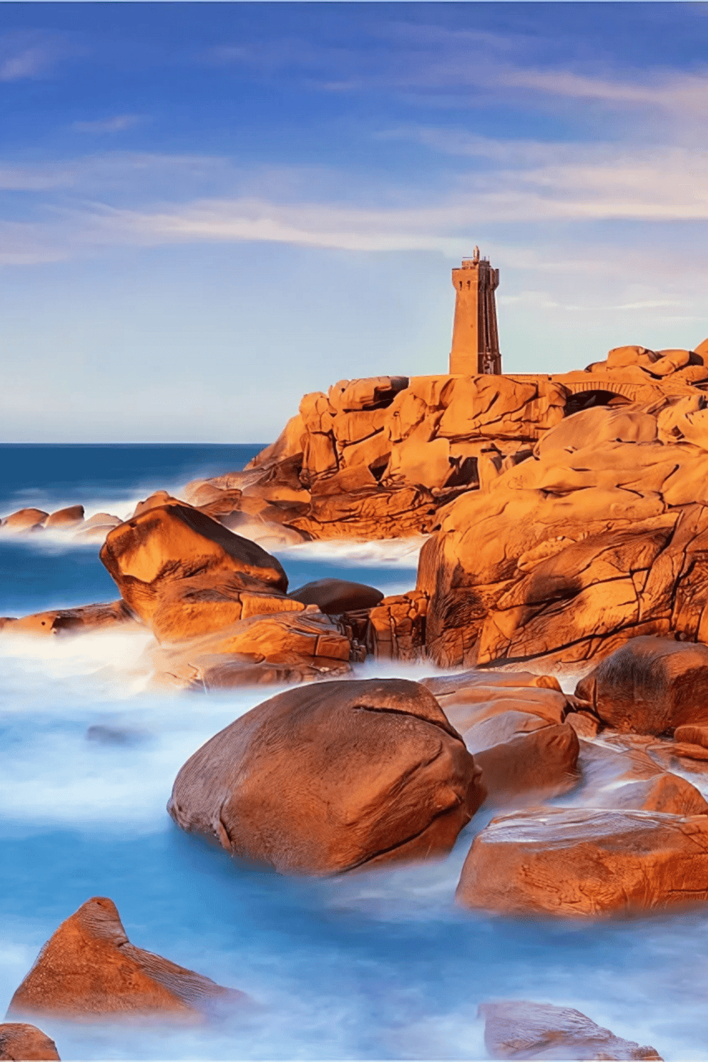 Seaside lighthouse on rocky coast at sunset, scenic ocean view, coastal navigation, QuestForDirections.
