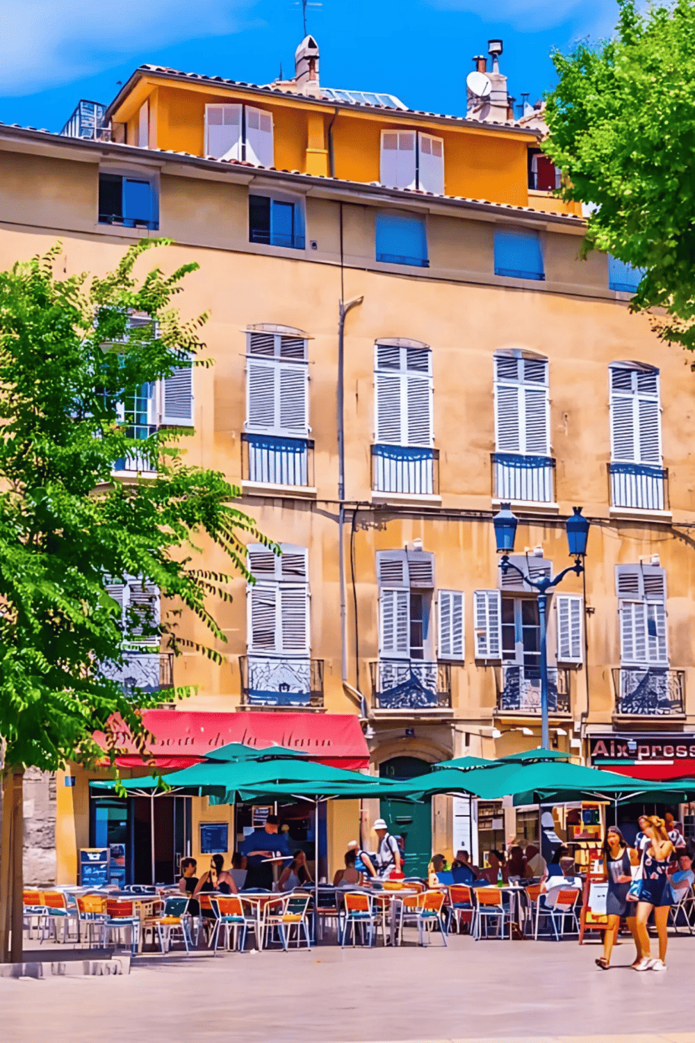 Charming European street scene with outdoor cafe, historic architecture, and lively atmosphere.