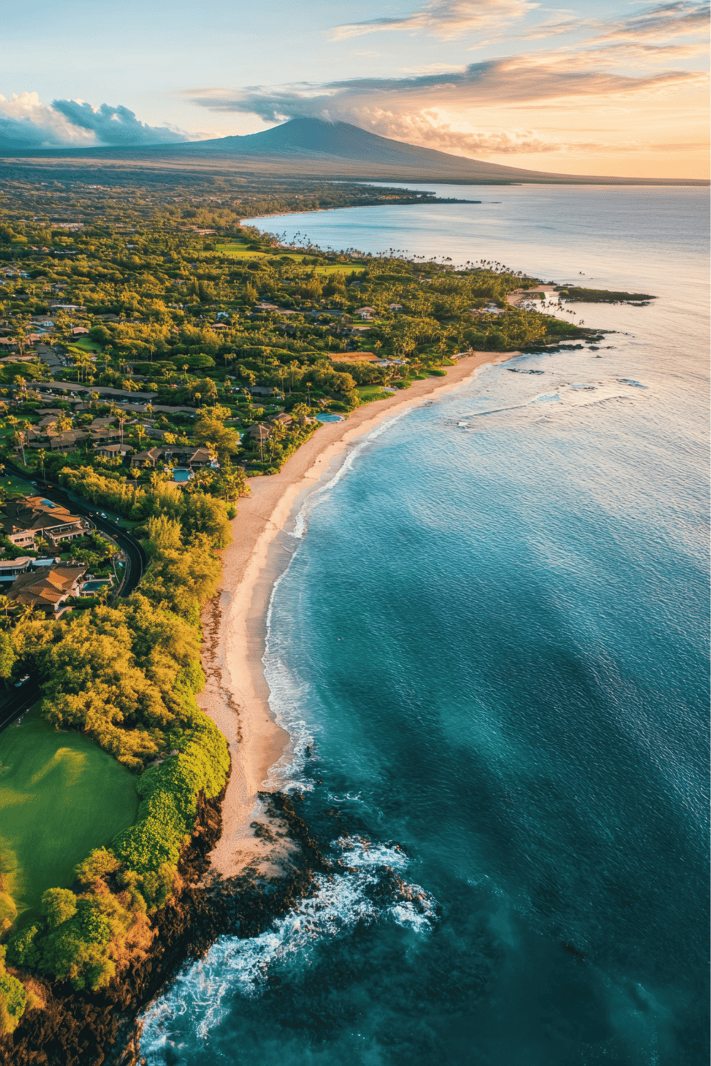Pacific Ocean coastline with lush greenery and coastal homes, scenic sunset views, Hawaii travel destinations.
