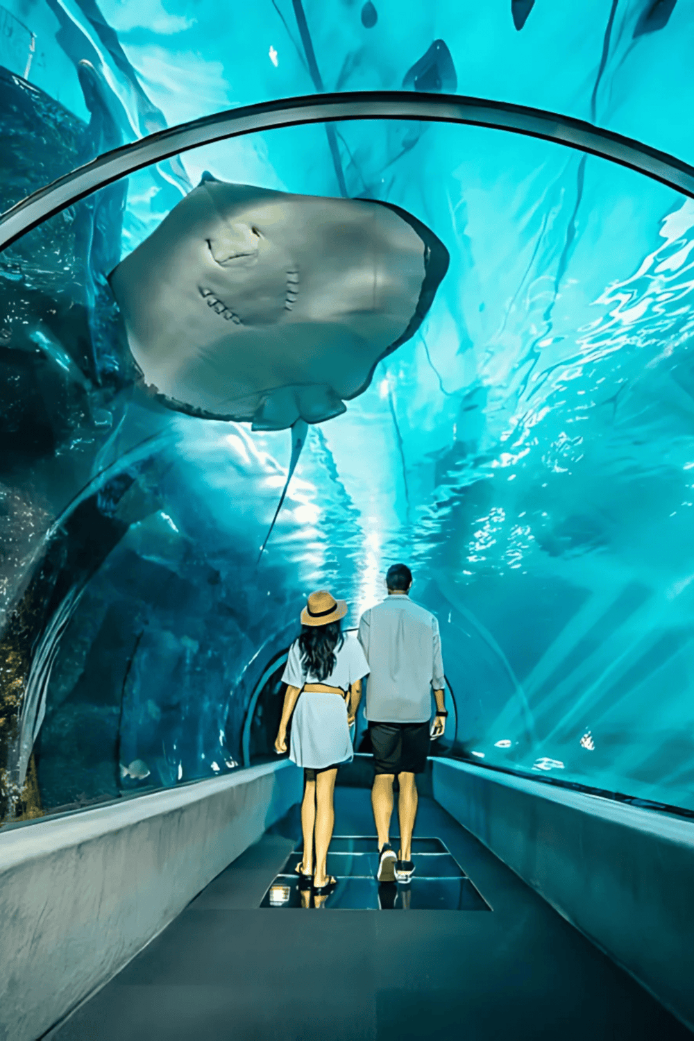 Underwater tunnel with a giant shark model, visitors explore marine life at Quest for Directions' aquarium exhibit.