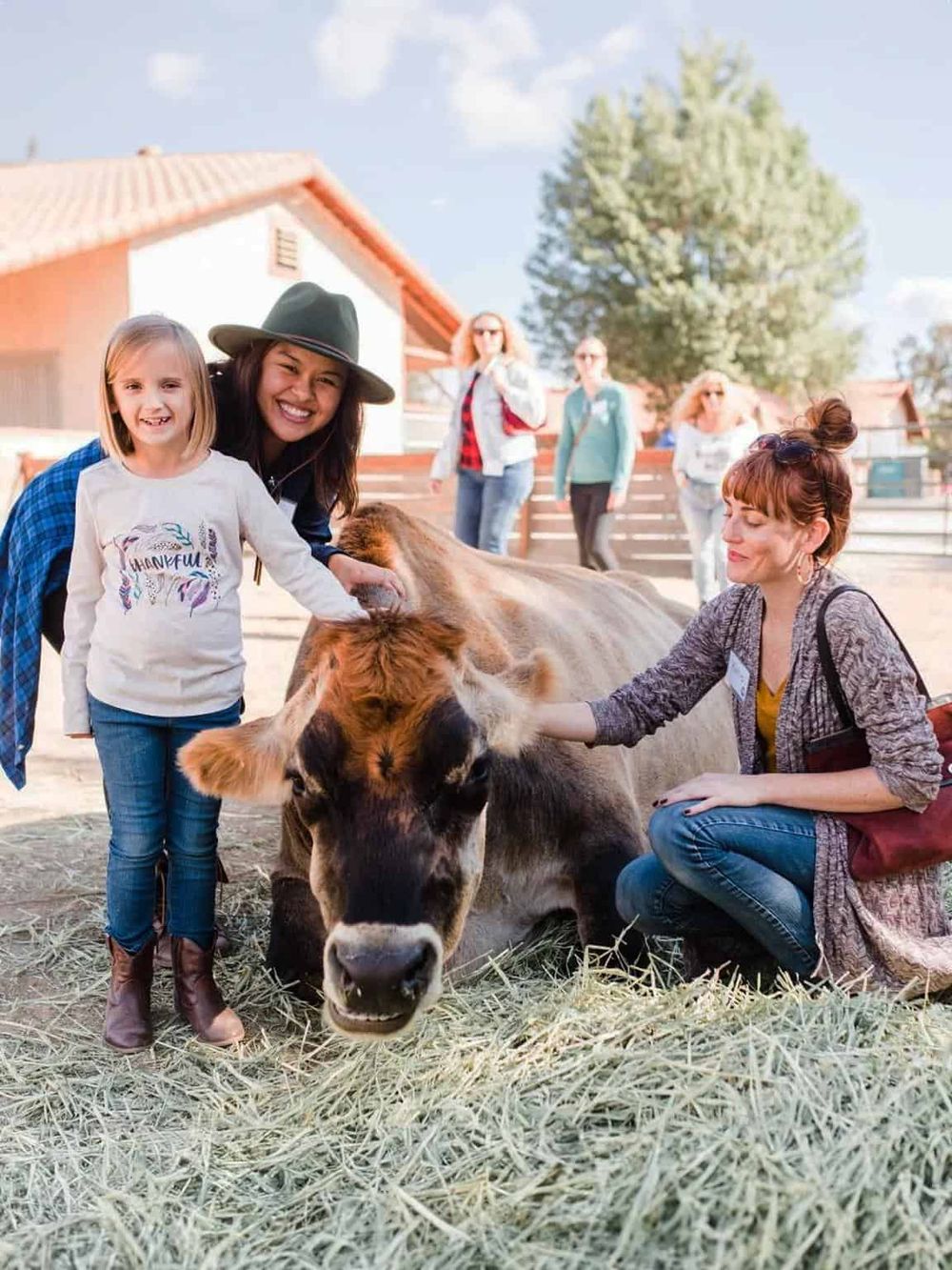 Happy children and women petting a cow at farm, outdoor family activity, petting farm experience, farm animal interaction, educational farm visit.