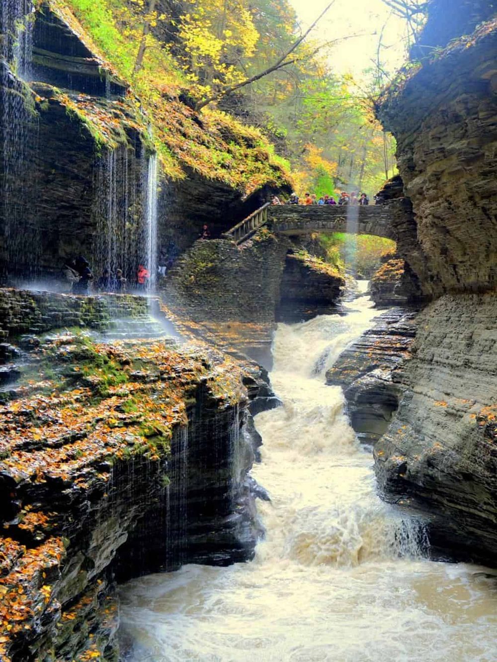 Scenic waterfall and gorge at Taughannock Falls State Park in autumn, popular for hiking and nature exploration.