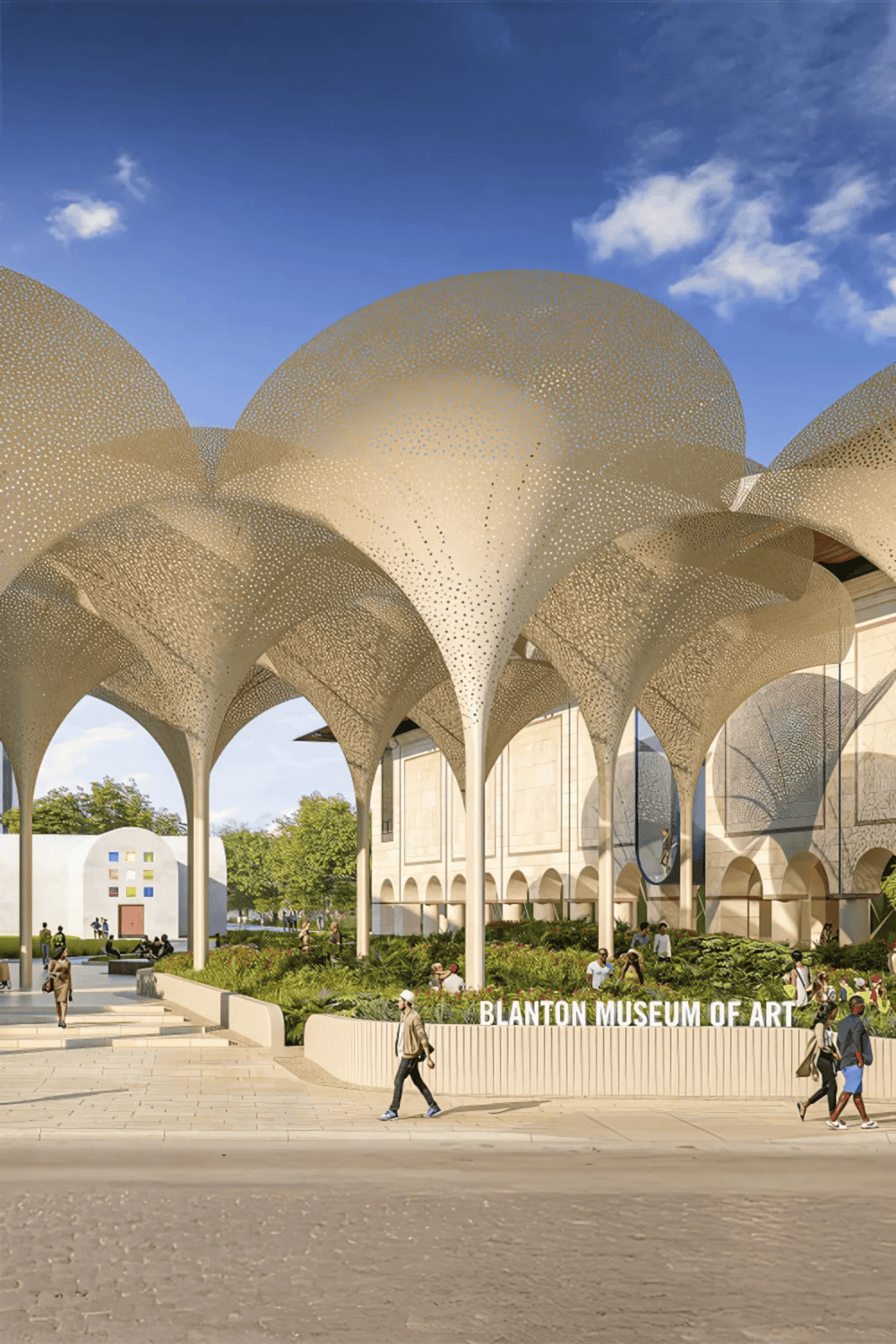 Bright architectural design at Blanton Museum of Art with modern perforated canopy structure.