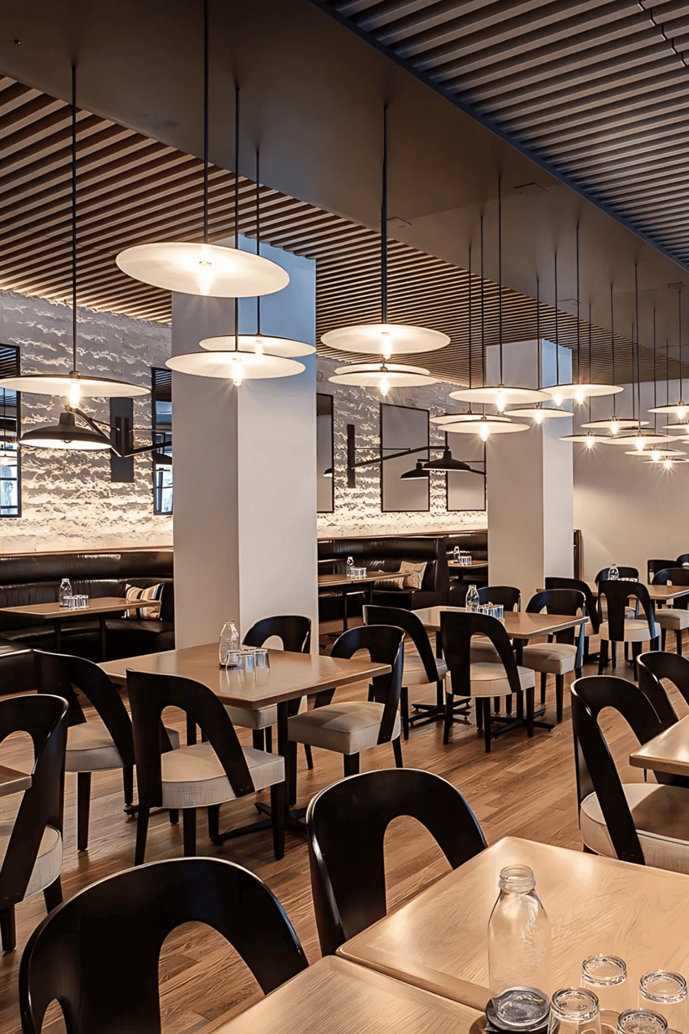 Modern restaurant interior with stylish lighting and comfortable seating, ideal for dining and social gatherings.
