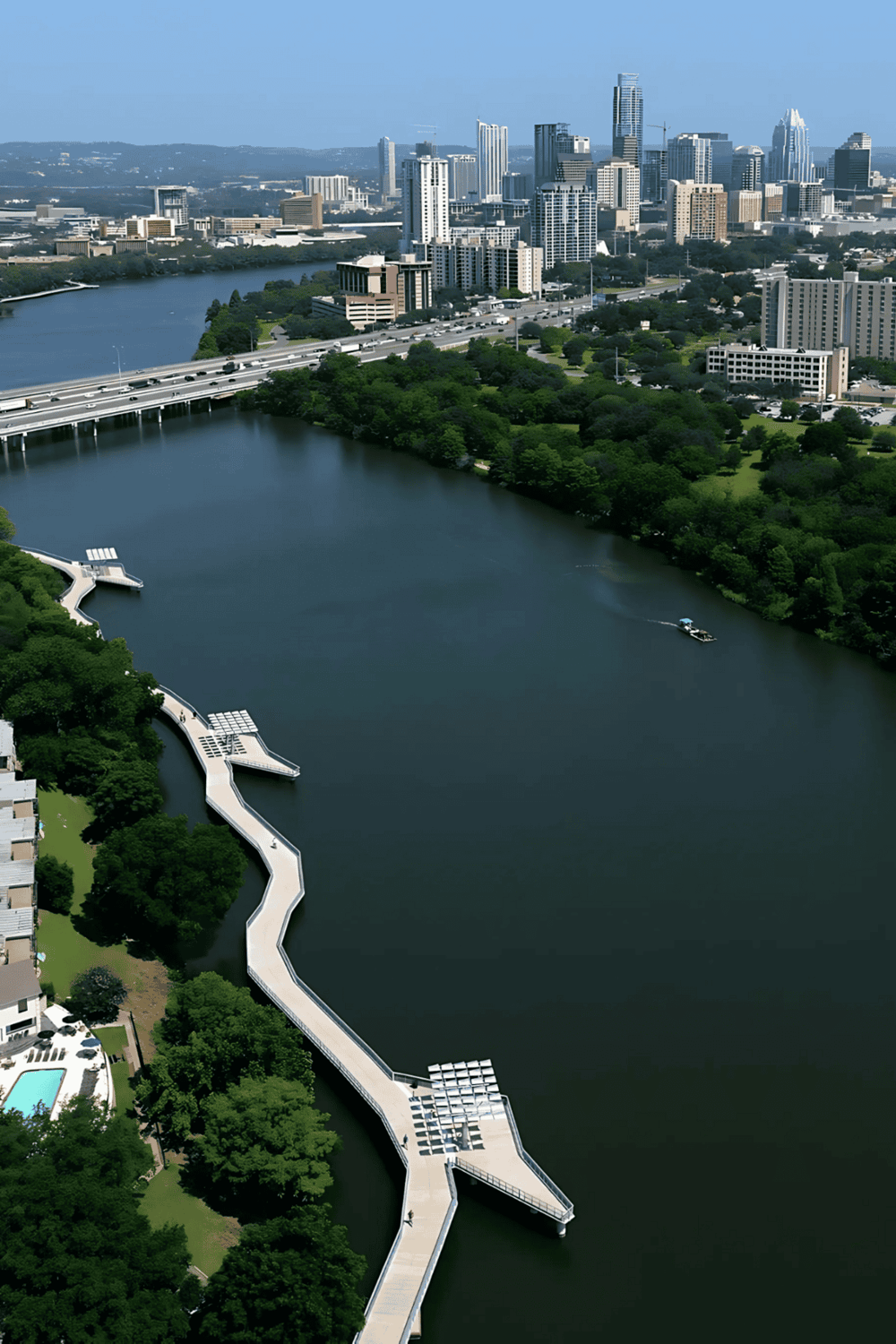 Beautiful Austin skyline with Lady Bird Lake and scenic walking trails.