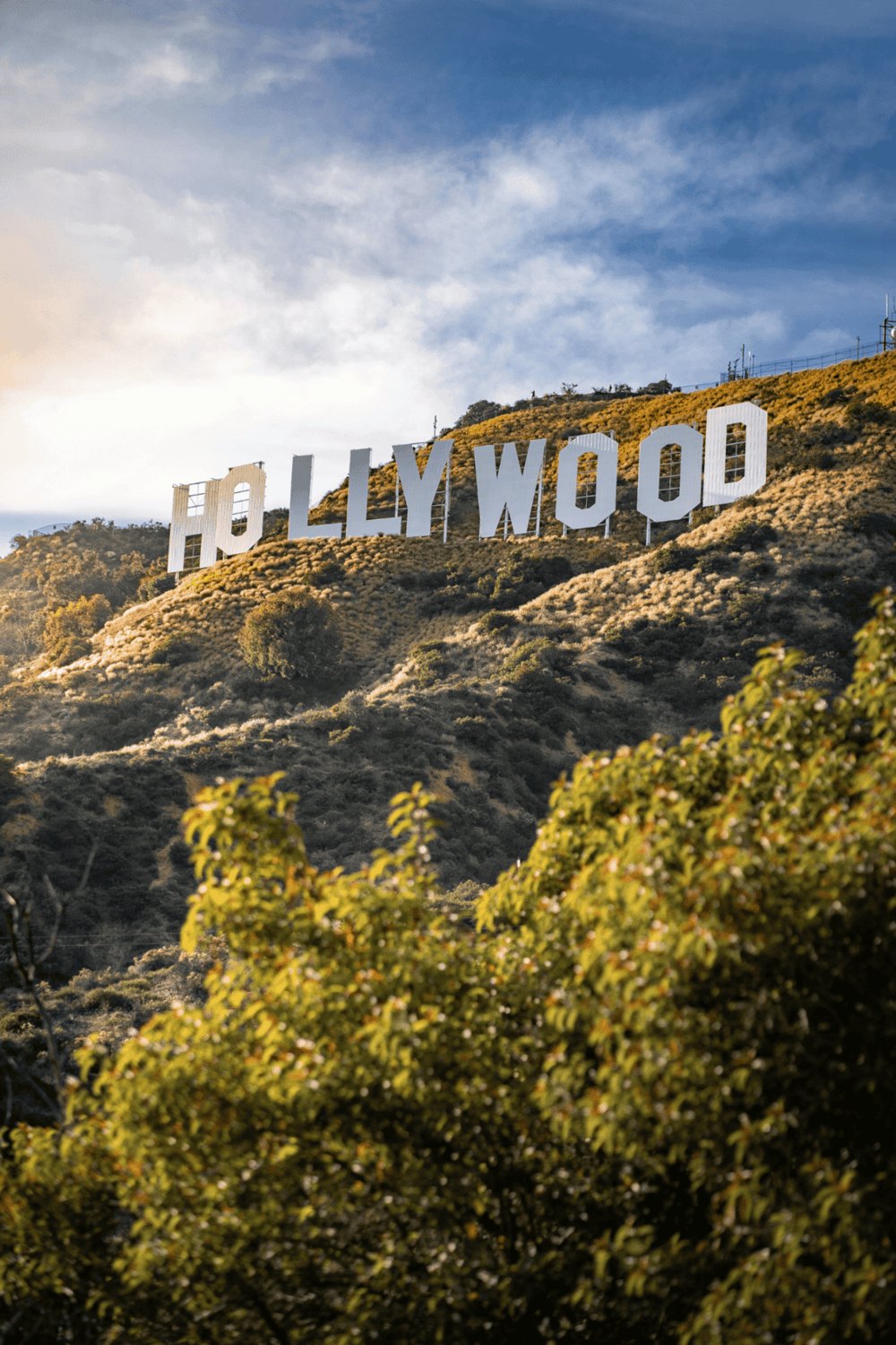 1. Hollywood sign on the hillside in Los Angeles, California, at sunset.