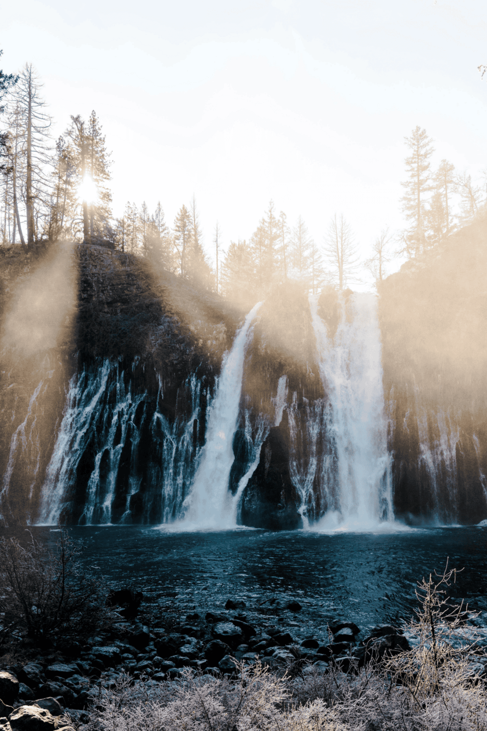 Serene waterfall with sunlight streaming through pine trees in a forest landscape.