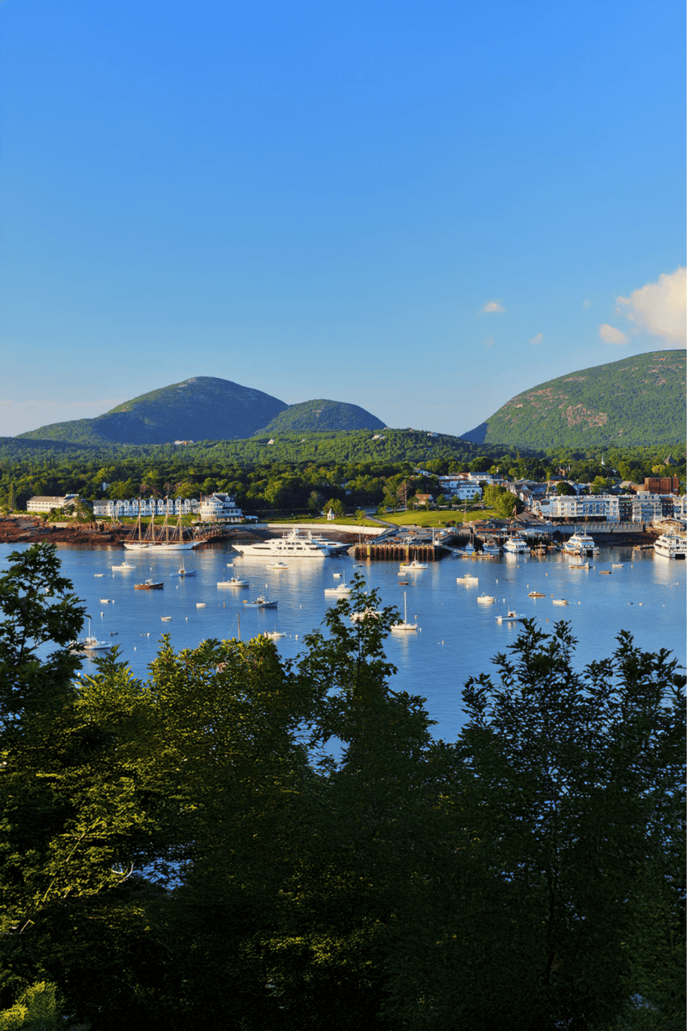 Harbor with boats in a scenic coastal town surrounded by lush green mountains under a clear blue sky.