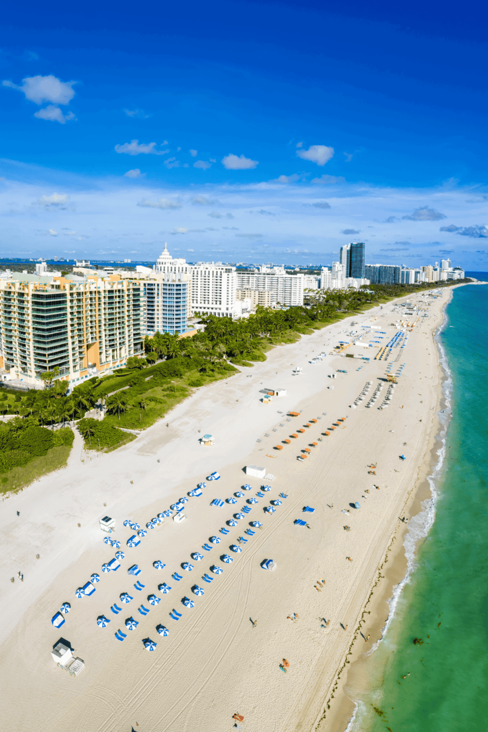 Relaxing Miami beach with colorful umbrellas and high-rise buildings along the shoreline.