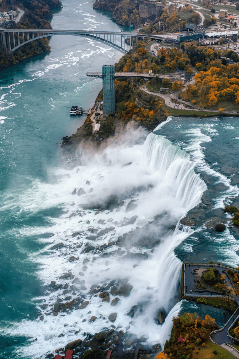 1. View of Niagara Falls with waterfalls, bridges, and surrounding parks in autumn.