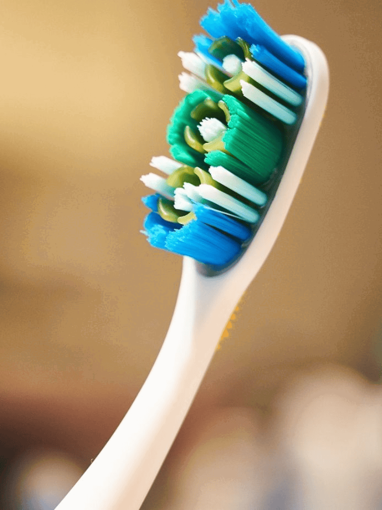 Vibrant multi-colored toothbrush head close-up, dental hygiene, oral care, QuestForDirections.