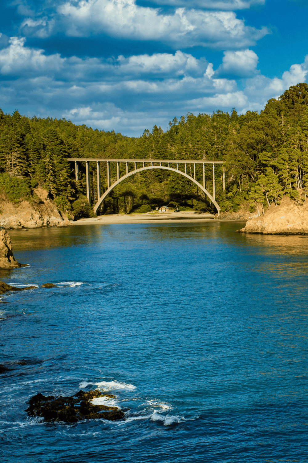 Arched bridge over water with lush green trees and blue sky in the background.