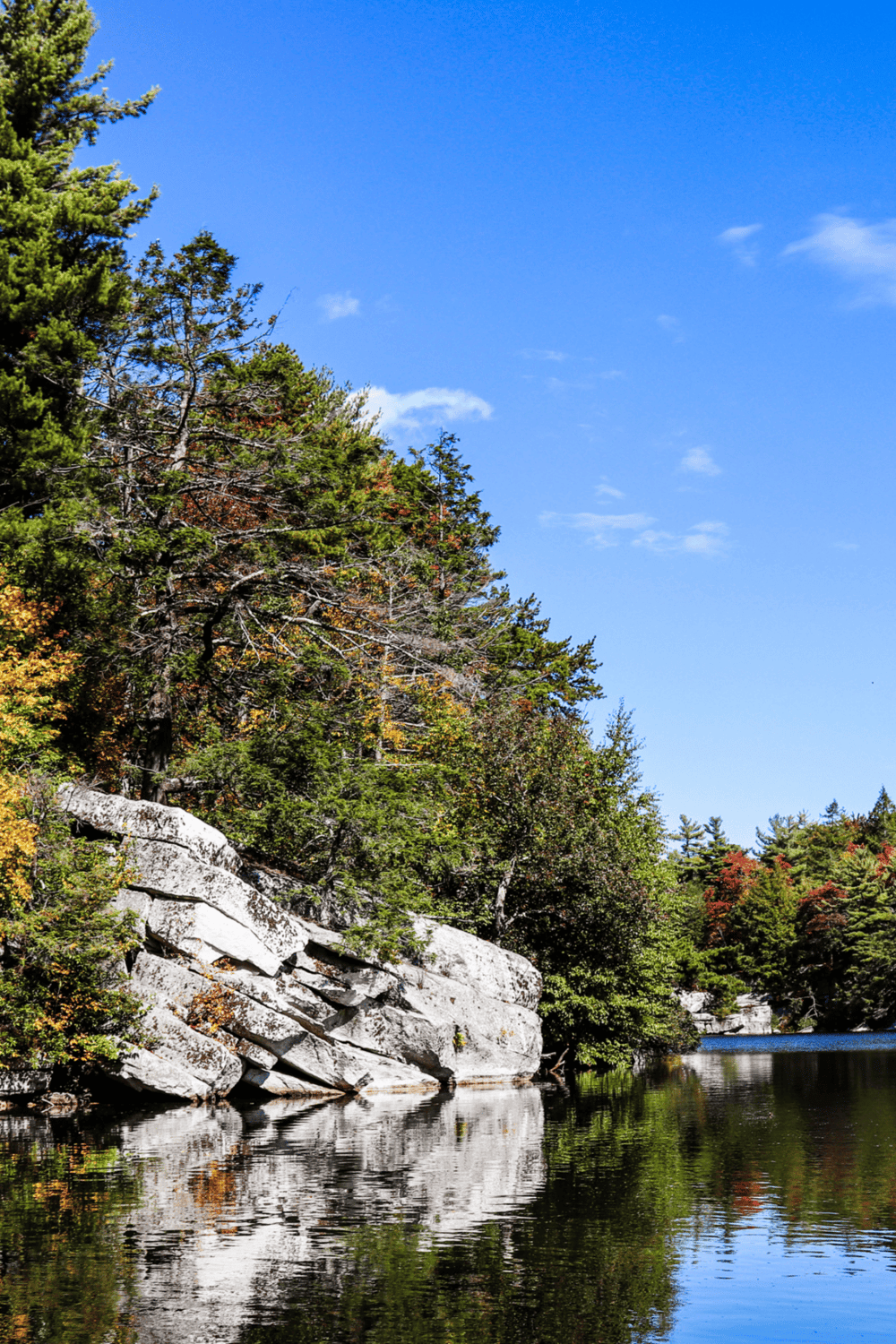 Serene lake surrounded by lush green trees and rocks, perfect for outdoor adventure and nature exploration.